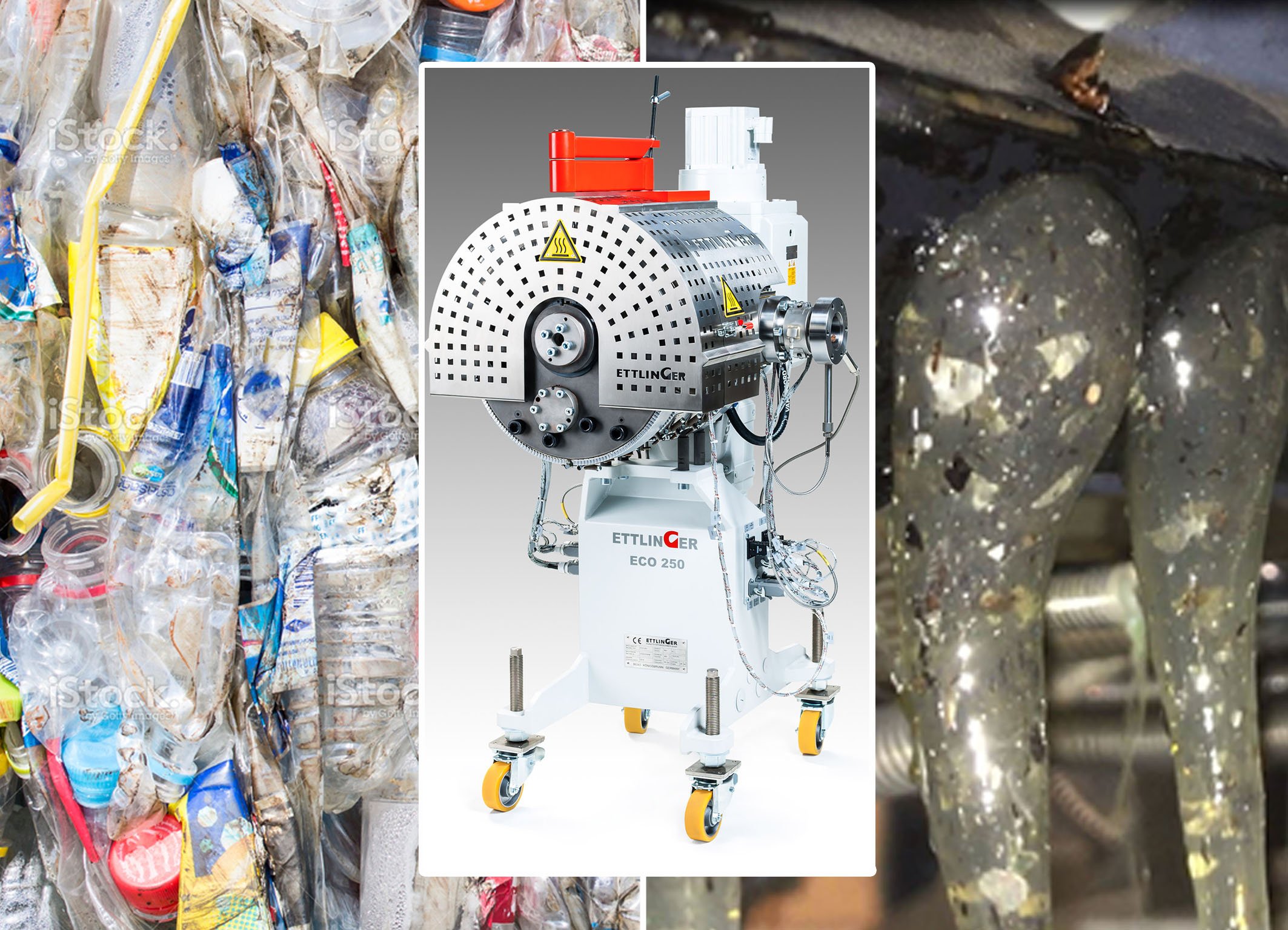 Image_Ettlinger_2017-0230_PET_Fines Feinabrieb, wie er beim Recycling von PET-Flaschen (links) entsteht, enthält bis zu 1,5 Prozent feste, gelförmige oder vernetzte Fremdstoffanteile. In den Extrusionsprozess eingebunden, trennen ECO-Hochleistungsschmelzefilter von Ettlinger diese Stoffe kontinuierlich zu fast 100 Prozent aus der Schmelze ab (rechts). (Foto: Ettlinger)