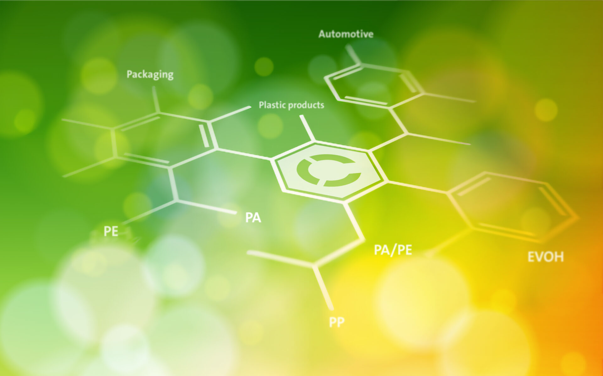 Grafische Darstellung mit grünen und gelben Farbflächen, die verschiedene Kunststofftypen und Anwendungsbereiche zeigt, verbunden durch ein Kreislaufsymbol im Zentrum.