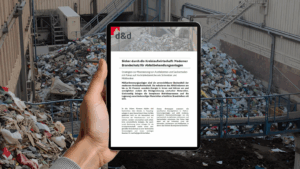 Eine Hand hält ein Tablet mit einem Whitepaper zum Brandschutz in Abfallbehandlungsanlagen. Im Hintergrund ist ein Müllbunker mit Abfällen zu sehen.