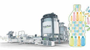 Darstellung der Hyper-PET-Recyclinganlage mit Flaschenabbildung, die den Materialkreislauf von PET illustriert.