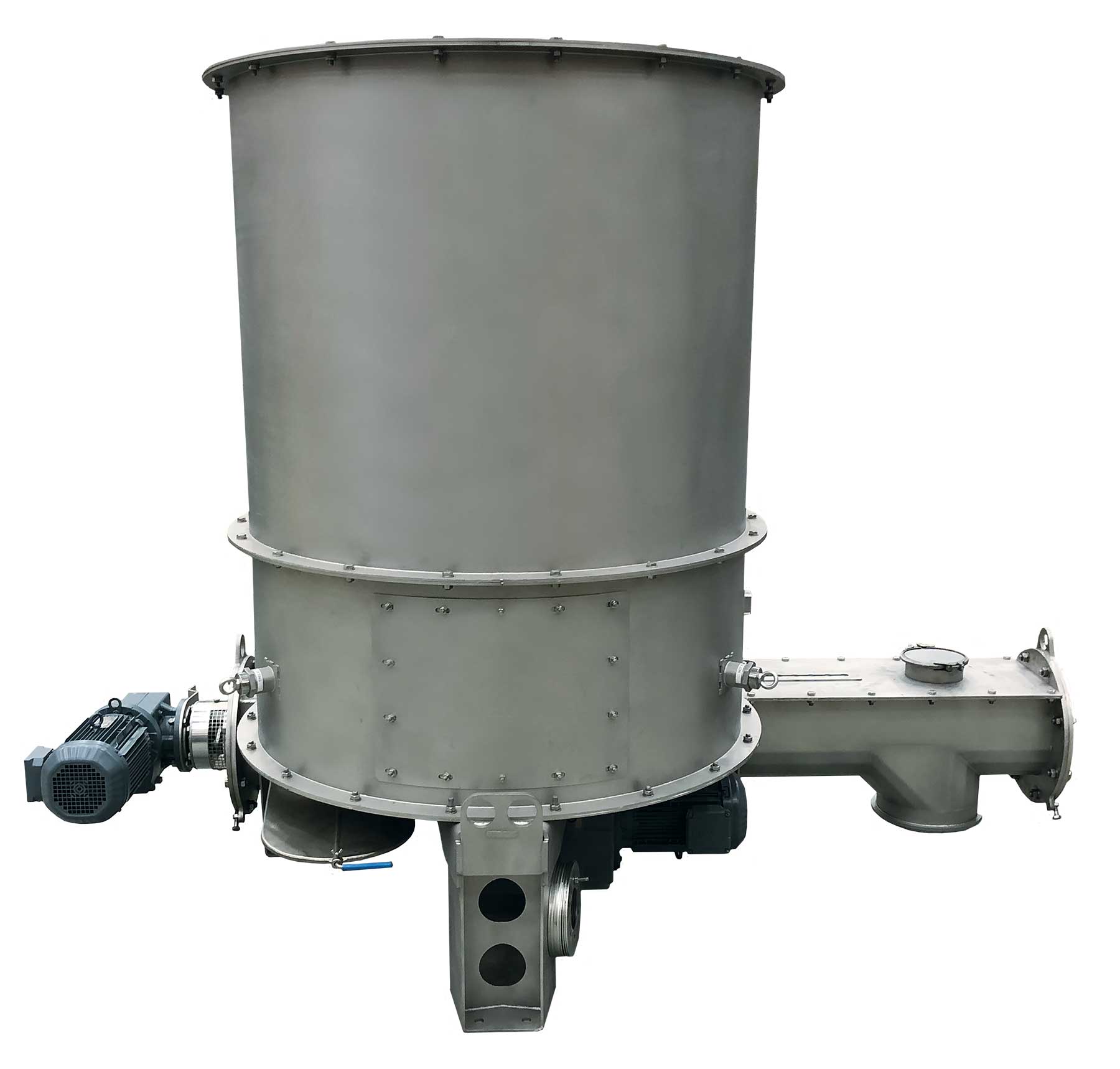 Industrieller Dosierer Mechatron FB von Coperion mit großem zylindrischem Trichter und seitlichem Antrieb, freigestellt vor weißem Hintergrund.