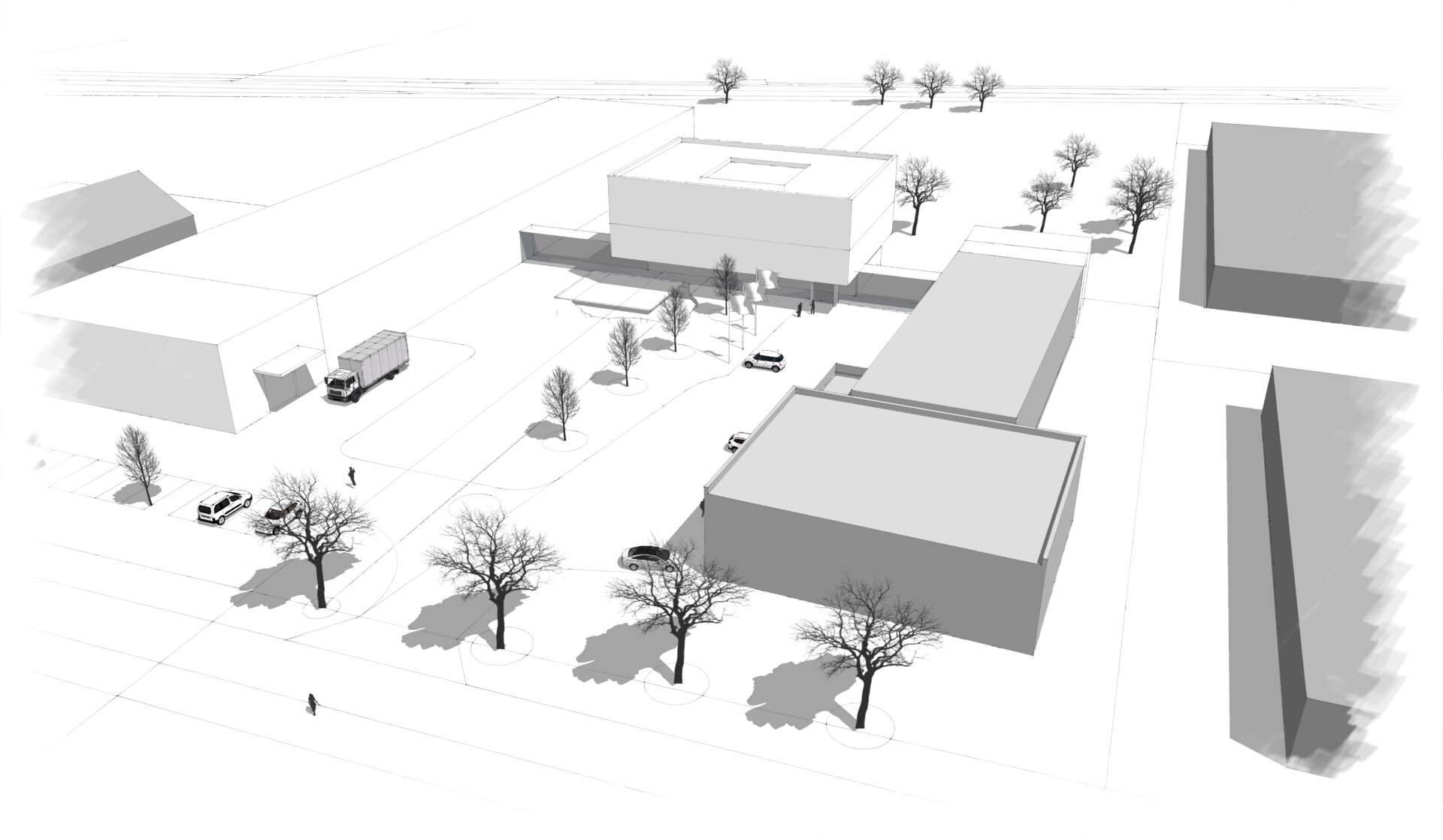 Architektonische Visualisierung zeigt die geplanten Gebäude des Kompetenzzentrums Kunststoffrecycling in Weißandt-Gölzau mit Zufahrten, Bäumen und Parkplätzen.