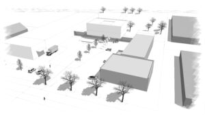 Architektonische Visualisierung zeigt die geplanten Gebäude des Kompetenzzentrums Kunststoffrecycling in Weißandt-Gölzau mit Zufahrten, Bäumen und Parkplätzen.